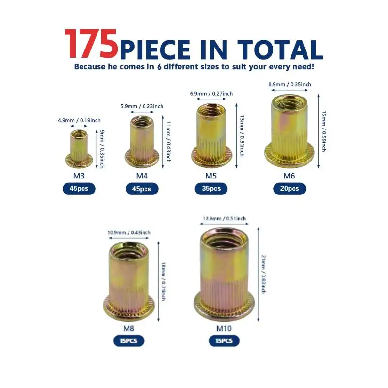 Kit dado rivetto metrico da 175 pezzi: M3 M4 M5 M6 M8 M10 testa piatta, dadi inserto UNC in acciaio al carbonio zincato