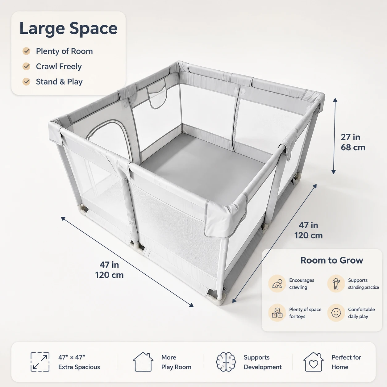 47×47×27 Inch Grey Breathable Mesh Baby PlaypenBaby Playpen with Anti-Slip Mat, Sturdy&Safety Baby Fence,for Infants & Toddlers , , Sturdy Safe Easy Assembly Indoor Outdoor Toddler Activity Play Yard, Ideal Holiday Gift for Kids