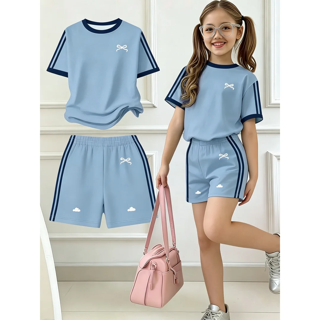 Kinder-Sommer-2-Teiler-Outfit: T-Shirt mit Schleifenstickerei und Streifenmuster, kurzen Ärmeln und Shorts mit elastischem Bund für Mädchen, Sport- und Freizeitkleidung für den Alltag. – Detail 3