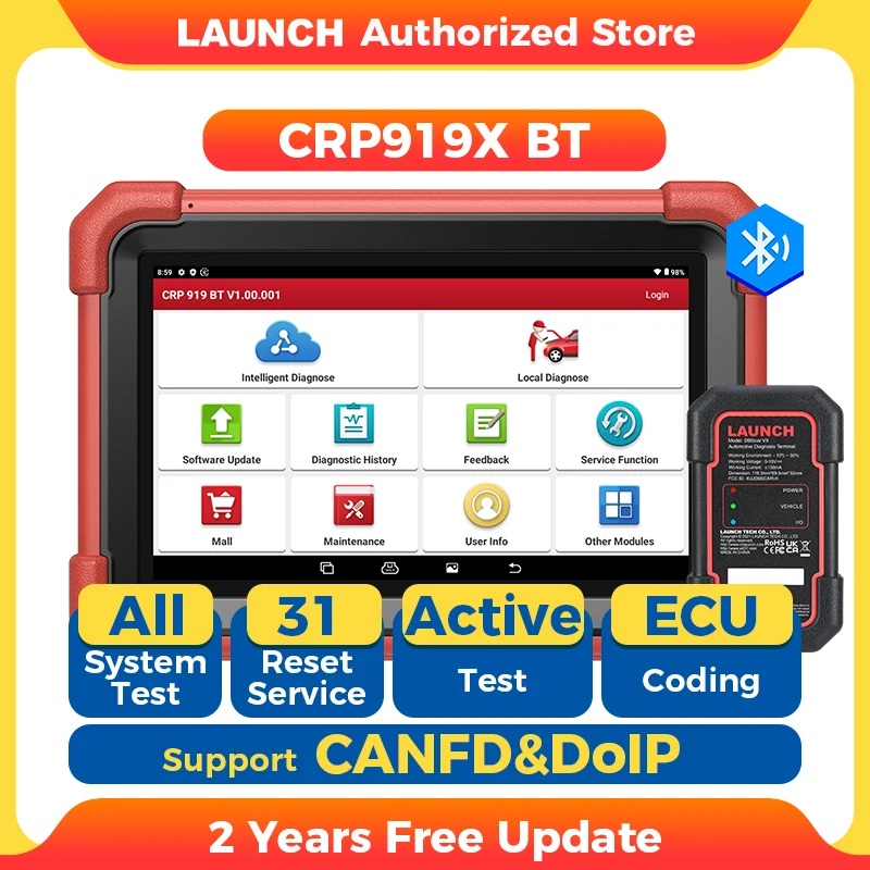 LAUNCH CRP919X BT Bluetooth VCI Scanner Outil de diagnostic automobile OBD2 Canfd Doip avec 2 ans de mises à jour gratuites