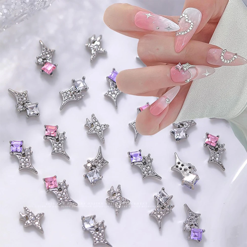 Diamantes de imitación para uñas, 10 piezas, Estrella 3D, aleación Retro, blanco, rosa, estrella de cuatro puntas, decoración artística para uñas, accesorios para uñas DIY