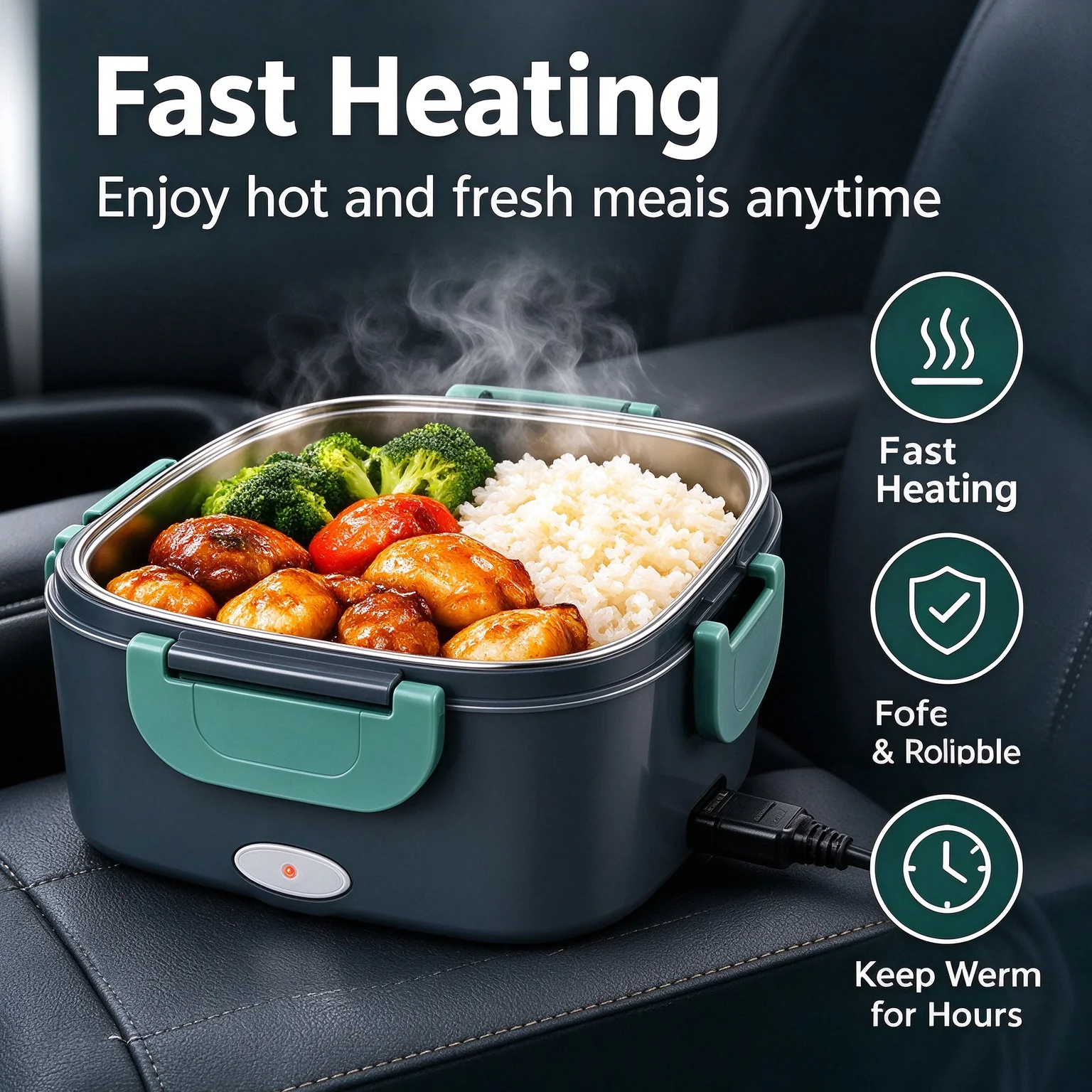 Electric Lunch Box with Double Compartments, Portable Food Warmer, 110V-240V & 12V/24V, Heated Lunch Container for Home, Car & Camping