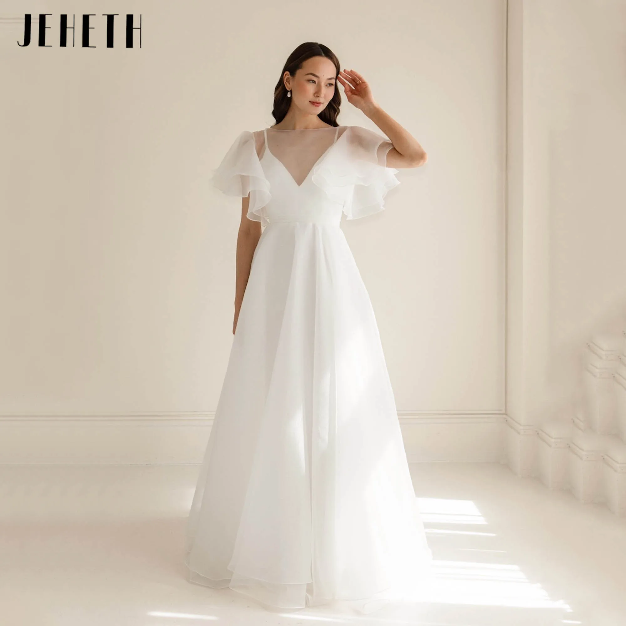 

JEHETH Simplism Organza Wedding Dress With Batwing Sleeves A-line Elegant Bridal Gowns Backless Boho vestido de noiva Customized