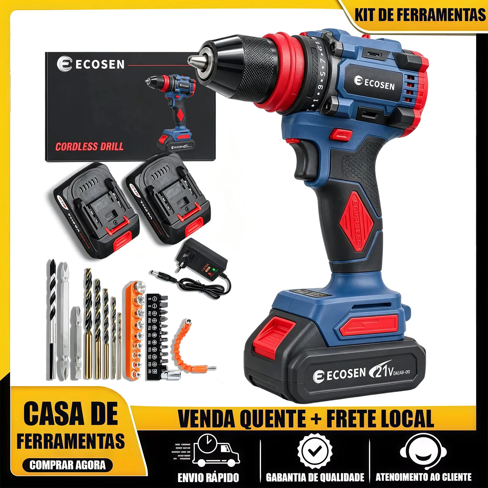 Furadeira Parafusadeira Sem Escovas 21V 85N.m com 2 Baterias, Kit Completo com Acessórios e Carregador Bivolt