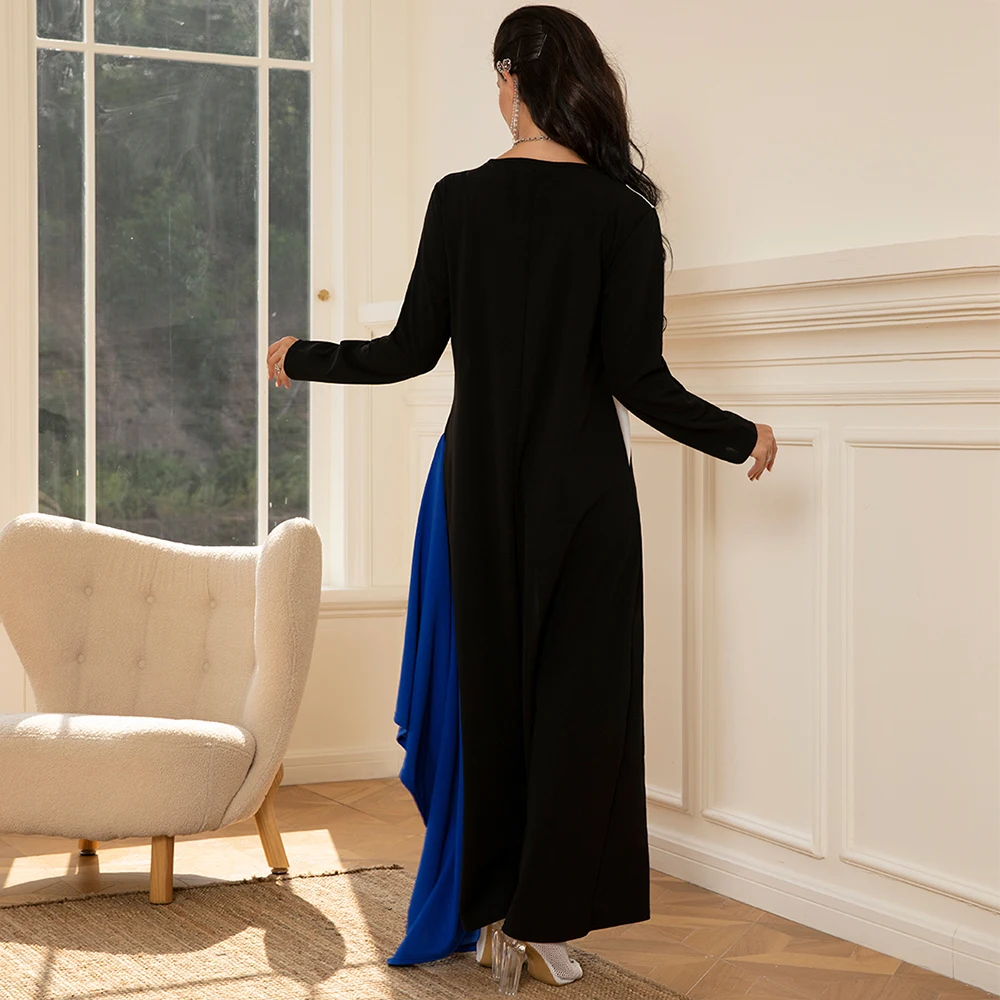 Elegant style Round neck Color contrast Geometry Split fork Regular sleeve Long Dresses