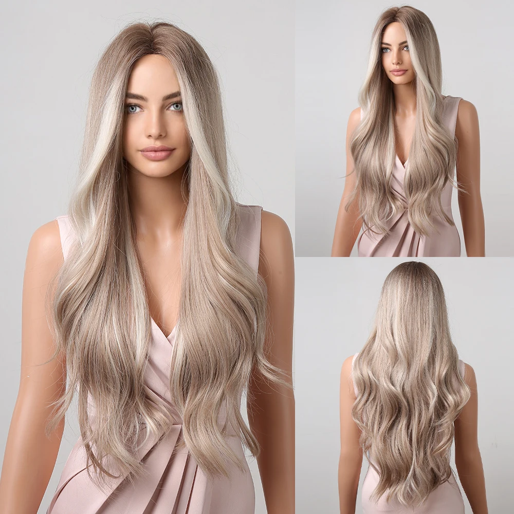 CharmSource Long Blonde Ombre Wigs Highlight White Wavy Synthetic Hair Wigs Dark Root Women Daily Party Heat Resistant Fibers