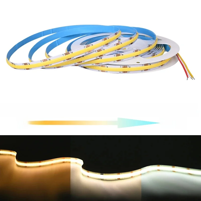 Bande lumineuse LED COB CCT, 2700K à 6500K, variable, 608 LED/m, Flexible, RA90, variable, FOB, linéaire, DC12V 24V
