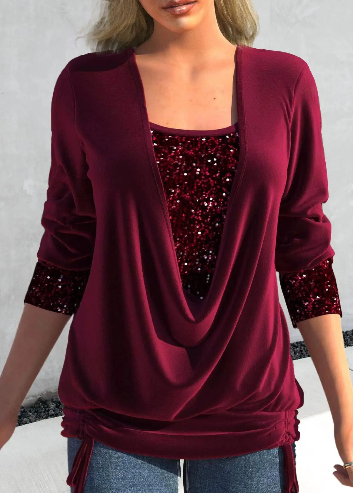 Blusa de manga larga con cuello en V para mujer, camiseta falsa de dos piezas, ropa femenina, Tops de talla grande, primavera y otoño