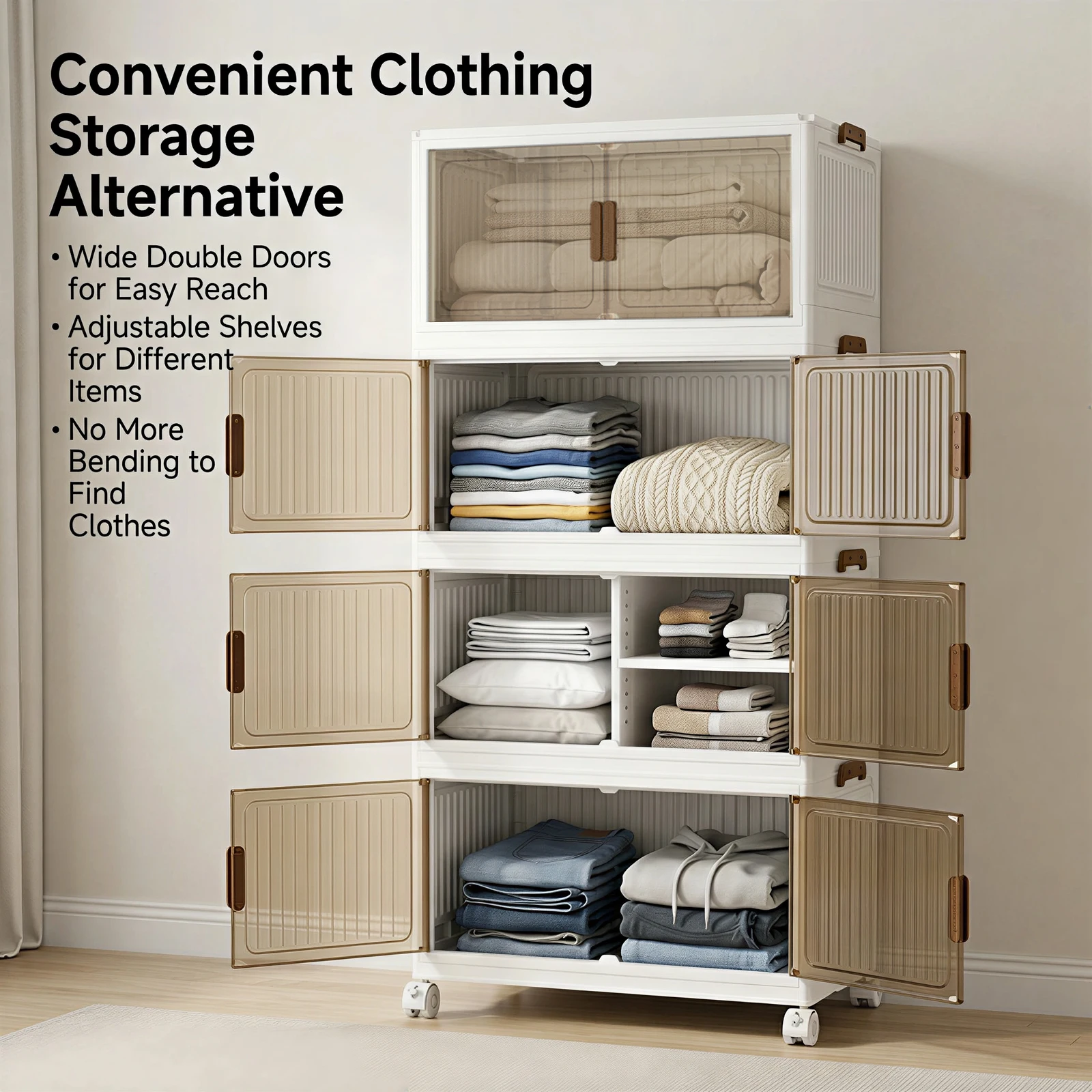 Boîte de rangement pliable à 4/5 niveaux avec 4 roulettes, facile à assembler, pour jouets, collations, vêtements, livres