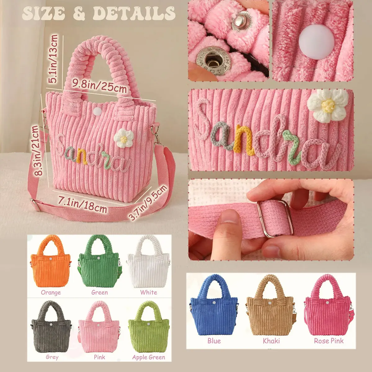 Personalisierte, handbestickte Umhängetasche mit Namen – Bonbonfarbene Cord-Bucket-Bag für den Alltag – Detail 8