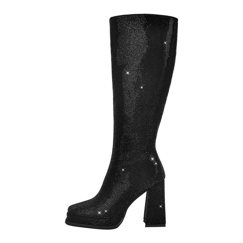 Onlymaker Women Sliver Rhinestone  Knee High Boots Side Zipper Fashion Handmade Chuny Heel Boots