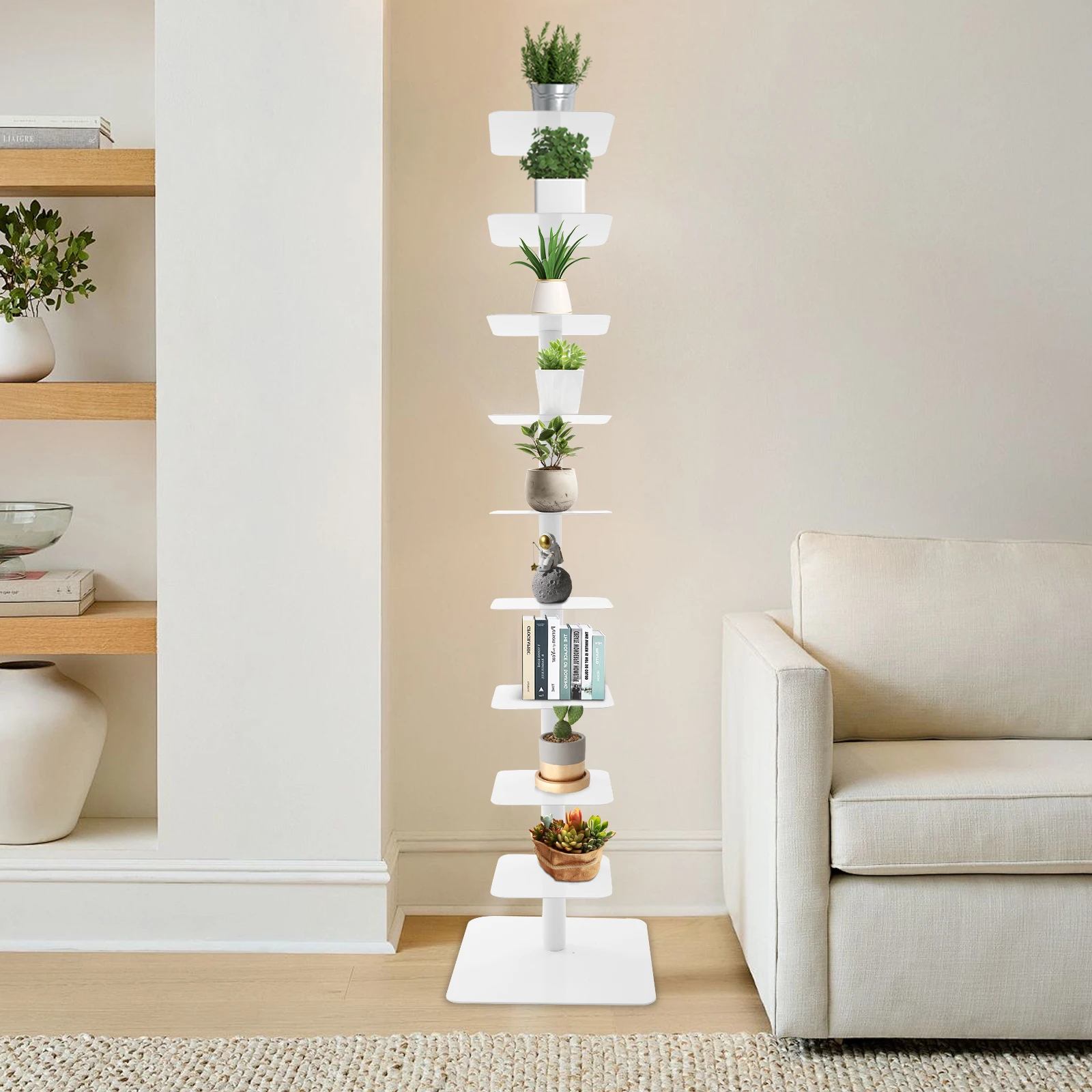 9-Tier 360 ° رف كتب دوار للعمود الفقري باللون الأبيض العمودي لبرج الكتب المعدني مع إطار مفتوح، تخفيضات كبيرة