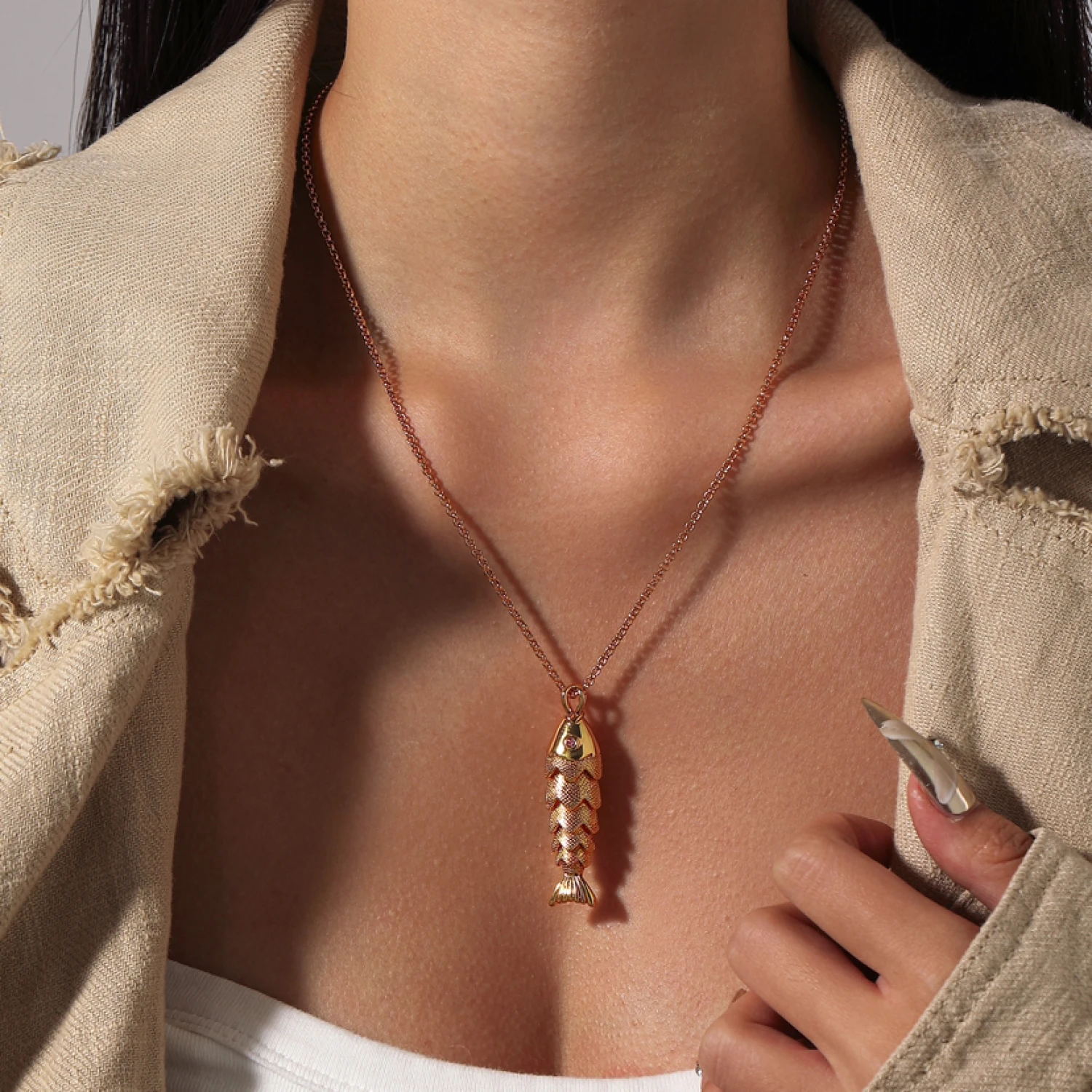 YAJUNIEL 24K Real Gold Plated Textured Lucky Fish Pendant Necklace for Women Hypoallergenic Brass Adjustable Chain Jewelry Gift