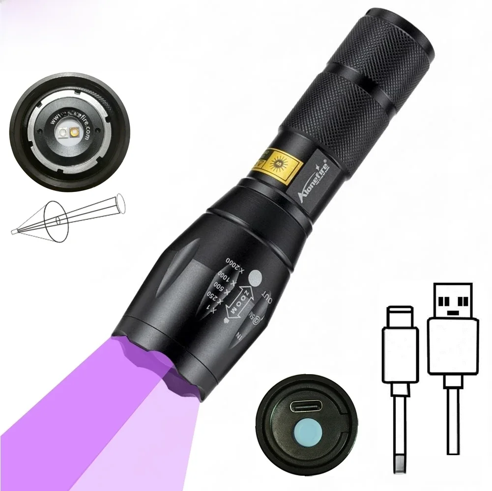 Zoom latarka UV 365 395nm Led typu C ładowanie niewidoczny marker atramentowy kot pies mocz pracz rudy pieniądze skorpion światło fluorescencyjne — zdjęcie 2