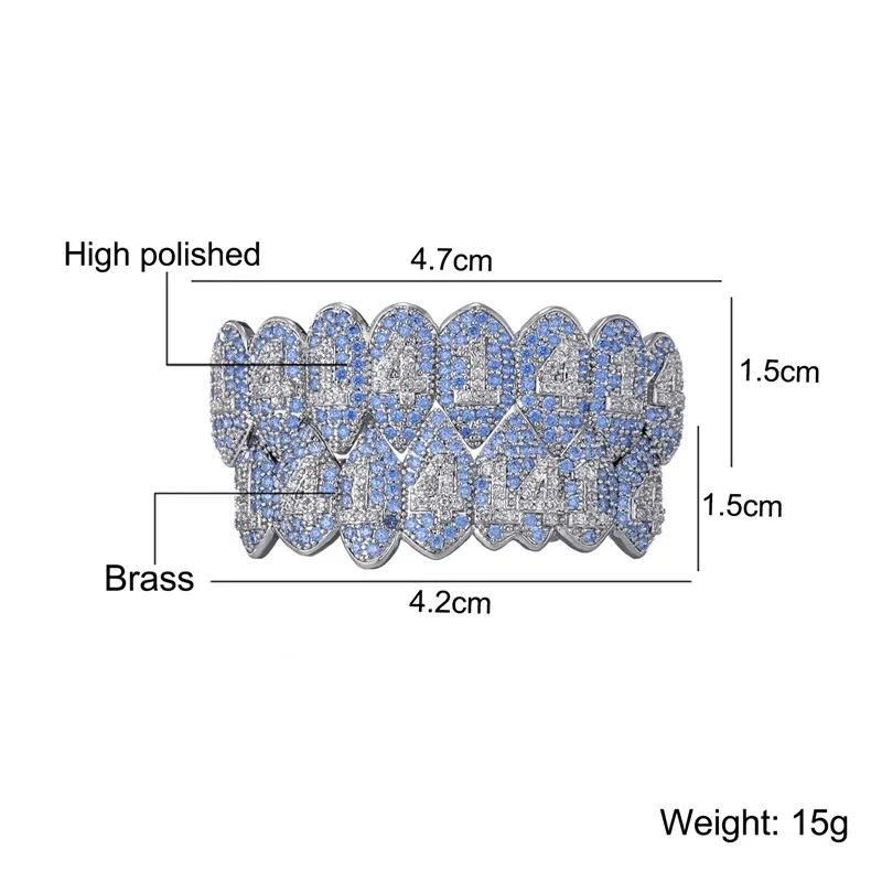 الهيب هوب الكامل تشيكوسلوفاكيا الأزرق الأحجار الأسنان جريلز قبعات مكعب الزركون مثلج خارج مايكرو تمهيد العلوي والسفلي Grills مجموعة للرجال النساء مجوهرات