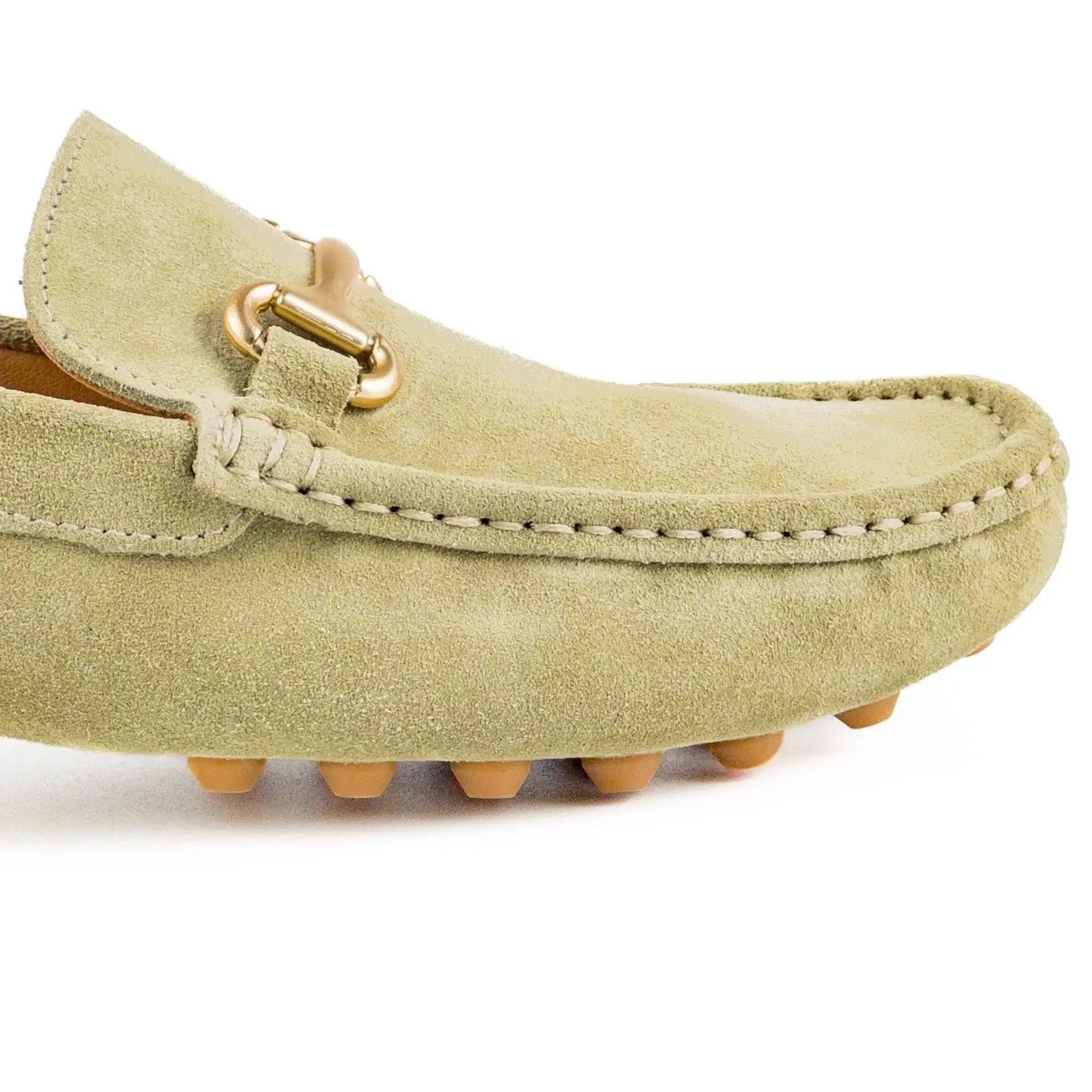 Light Green Suede Leather Gold Buckle Crampon Sole Loafer Men\'s Shoes Handmade in Turkiye