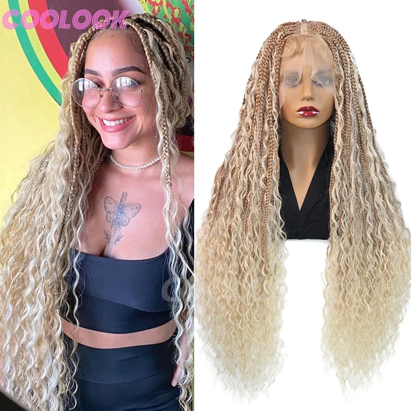 Full Lace Bohemian Braid Wig Synthetic 32 Inch Box Braids Goddess Wig With Curly Hair Ombre Blonde 613 Cornrow Jumbo Braided Wig