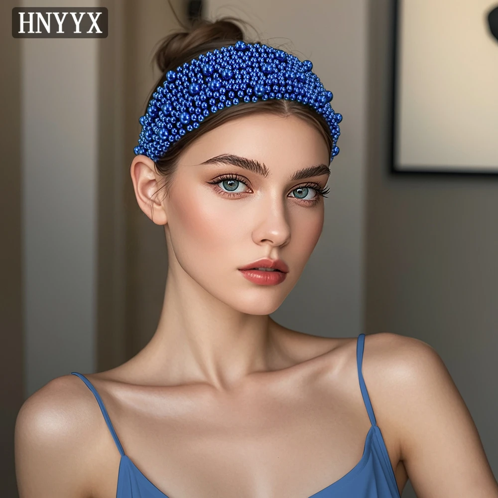 

HNYYX Elegant For Women Retro Pearl Wide Headband Girls Headwear Fashion Large Beaded Party Birthday Gift Hair Piece A153-Blue