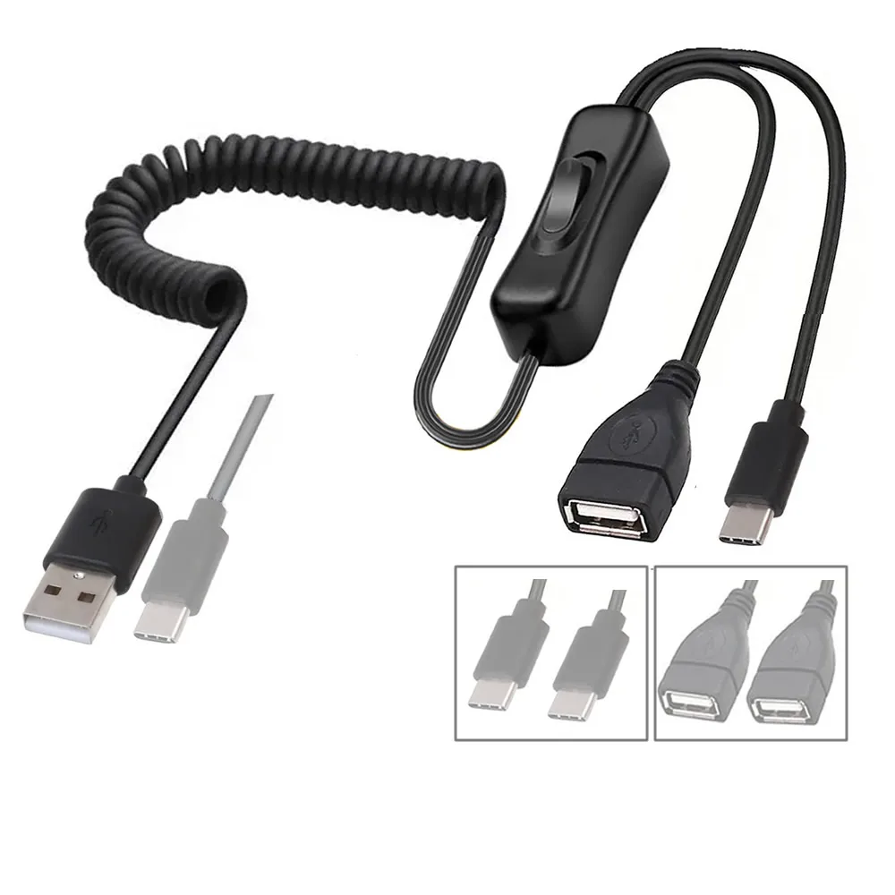 USB Type C Spring Telescopic Cable with On/Off Switch 5V USB C Extension Charging Cord Male to Female Double USB Splitter Cable