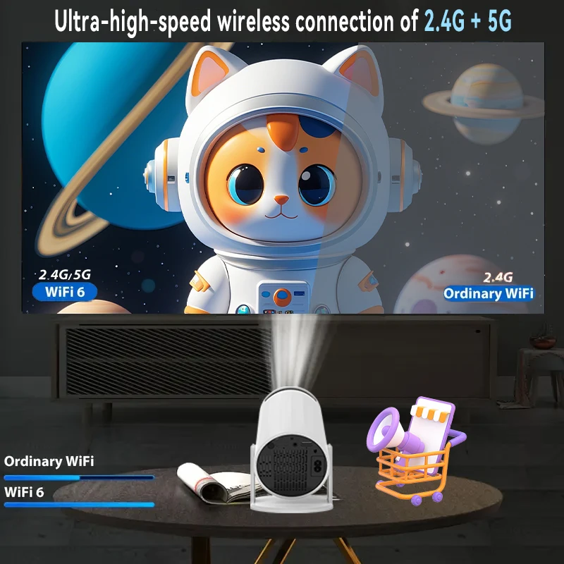 Brand New 4K Hd Smart Projector, Portable Android Projector, Multi-Angle Rotating Bracket + Automatic Trapezoidal Correction, Home Office Camping All-Round Adapter, Wifi / Bluetooth Dual Connections