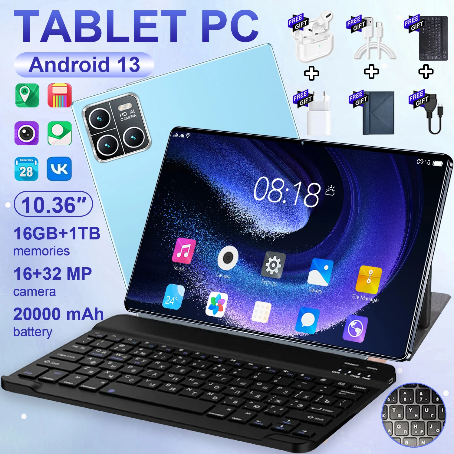 2025 Nuovi tablet 5G Tablet Android 13.0 da 10,36 pollici 16 GB RAM 1 TB ROM 20000 mAh 14 core Doppia scheda SIM Wifi Tipo-c