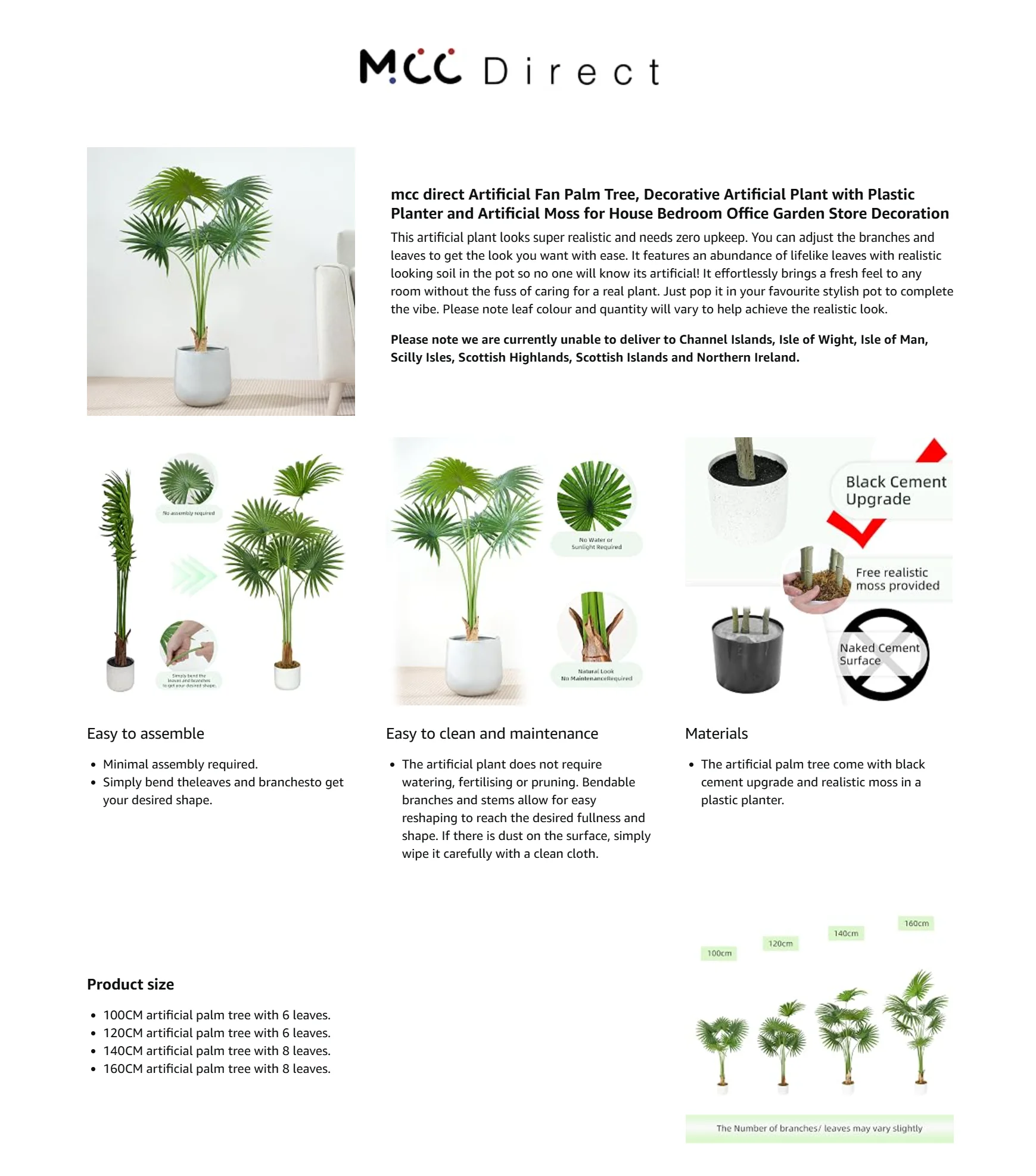 mcc direct Artificial Fan Palm Tree, Decorative Artificial Plant with Plastic Planter and Artificial Moss for House Bedroom