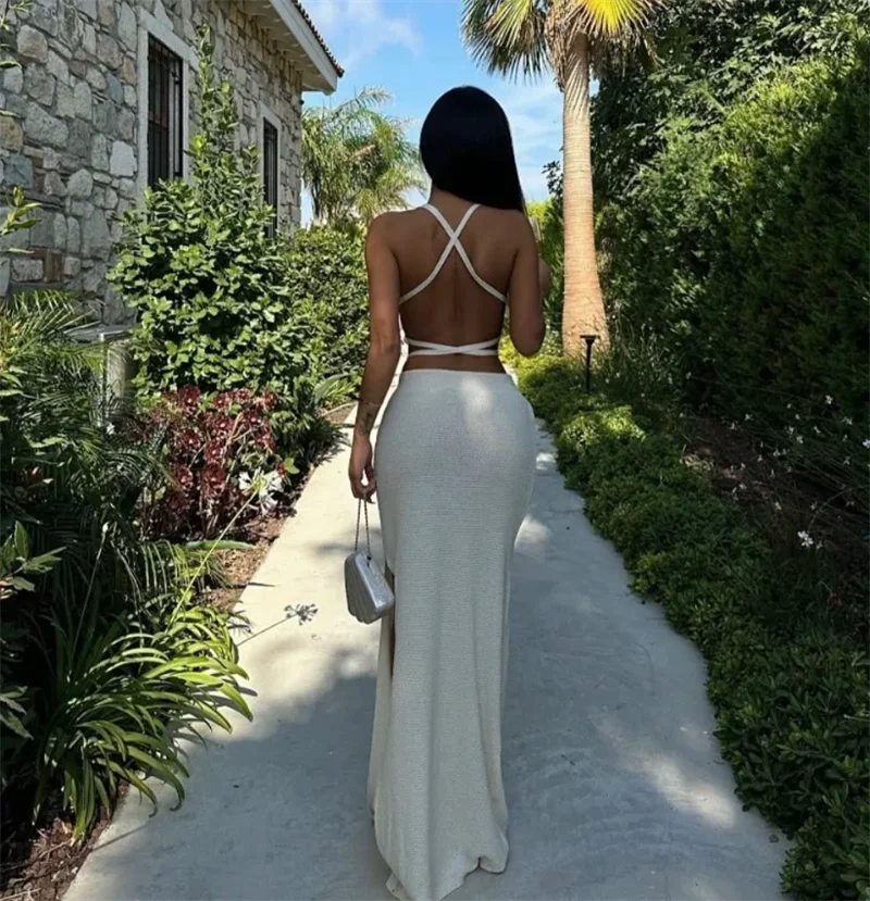 2PC 女性の夏の水着セットロングニットドレスビーチかぎ針編み水着セクシーなネクタイクロップトップブラジャーとサイドスリットスカートビキニカバーアップ