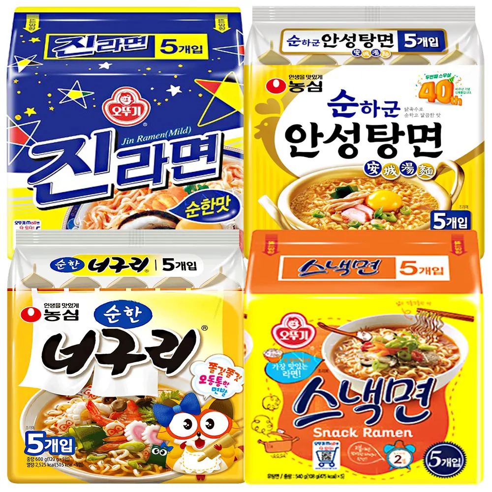 Bag instant noodle set (5 pure flavors of true noodle, 5 Anseongtang-myeon, Sunkun, 5 soft flavors of the noodle and 5 snack noodle)