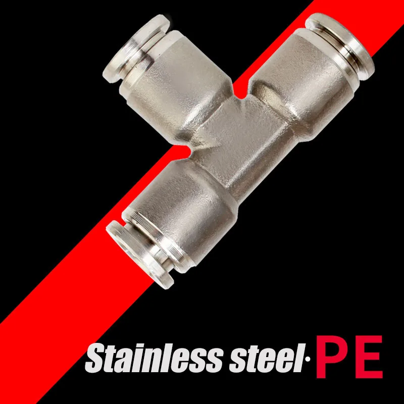 1-50pcs PE 304 Stainless Steel Pneumatic Quick Connector T-Shaped Tee 4/6/8/10/12/14/16mm Push In Air Hose Connector