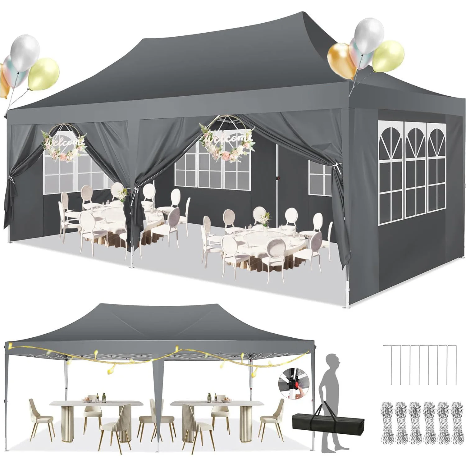 3x6m professionele pop-up tuinhuisje met 4 zijwanden, commerciële waterdichte feesttent met 3 hoogteverstelling