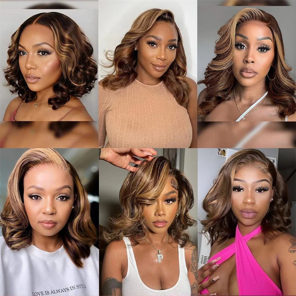 Highlight Ombre Bob Wig 13x4 HD Lace Frontal Wigs Transparent Body Wave 4/27 Colored Human Hair Wigs For Women 14inches