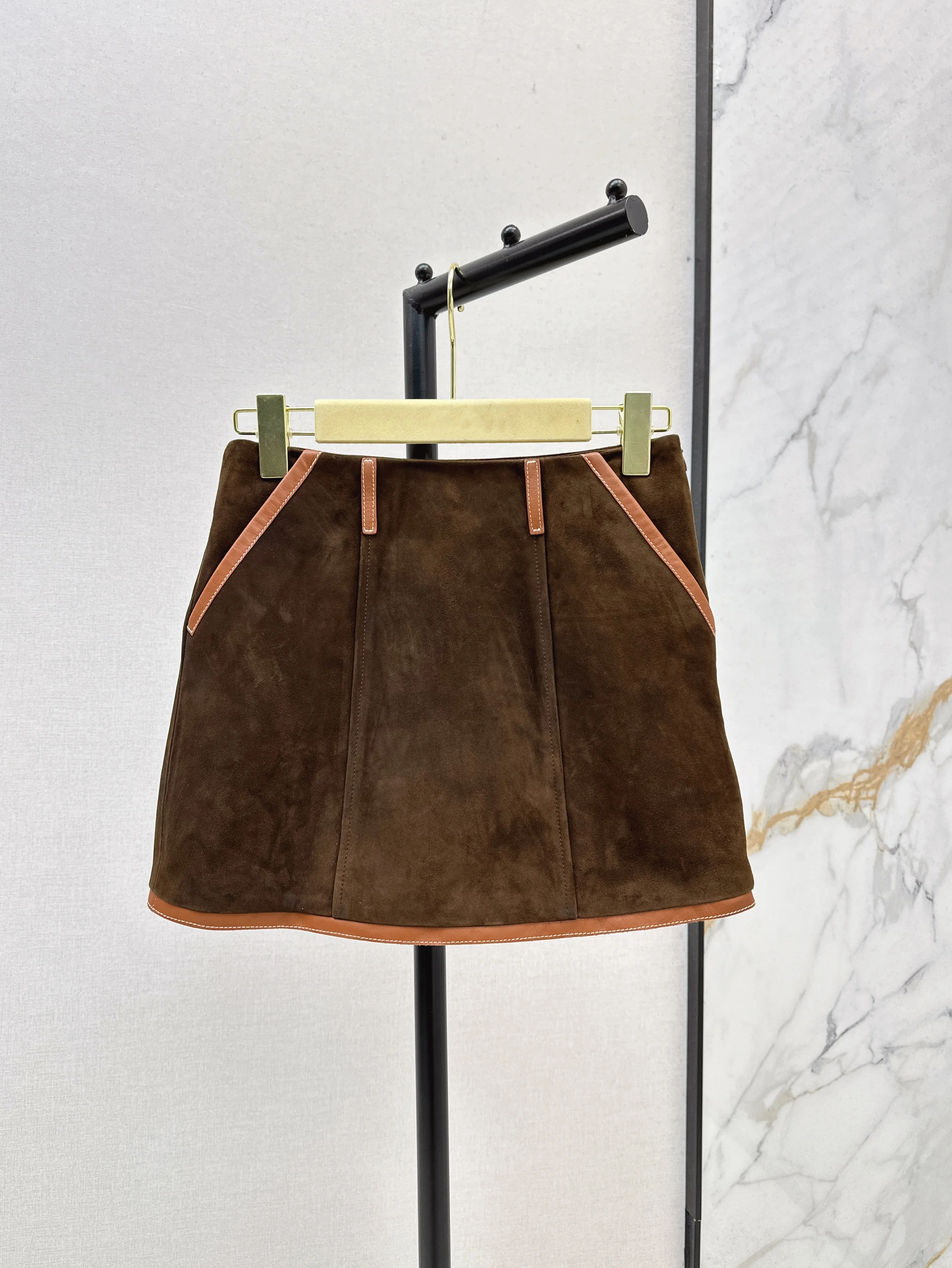 

High Quality Spring And Summer Women's Casual Fashion Patchwork Genuine Leather Wool and Cashmere Slim Mi-ni Skirt JQ098