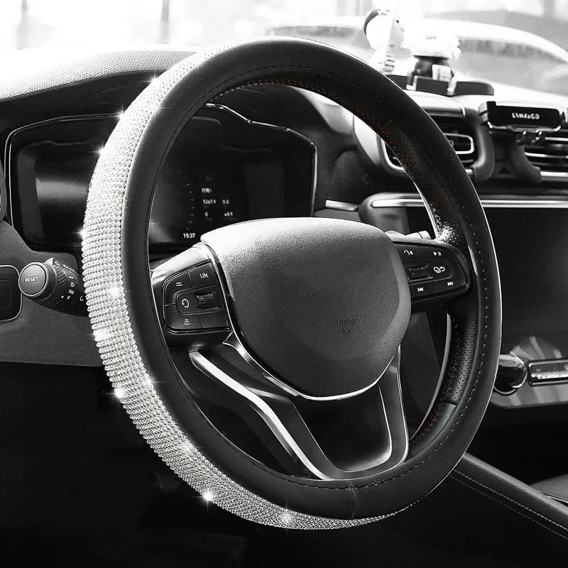 2022 Bling Bling diamentowe cyrkonie kryształowy pokrowiec na kierownicę do samochodu PU skórzane akcesoria samochodowe Case Car Styling — zdjęcie 2