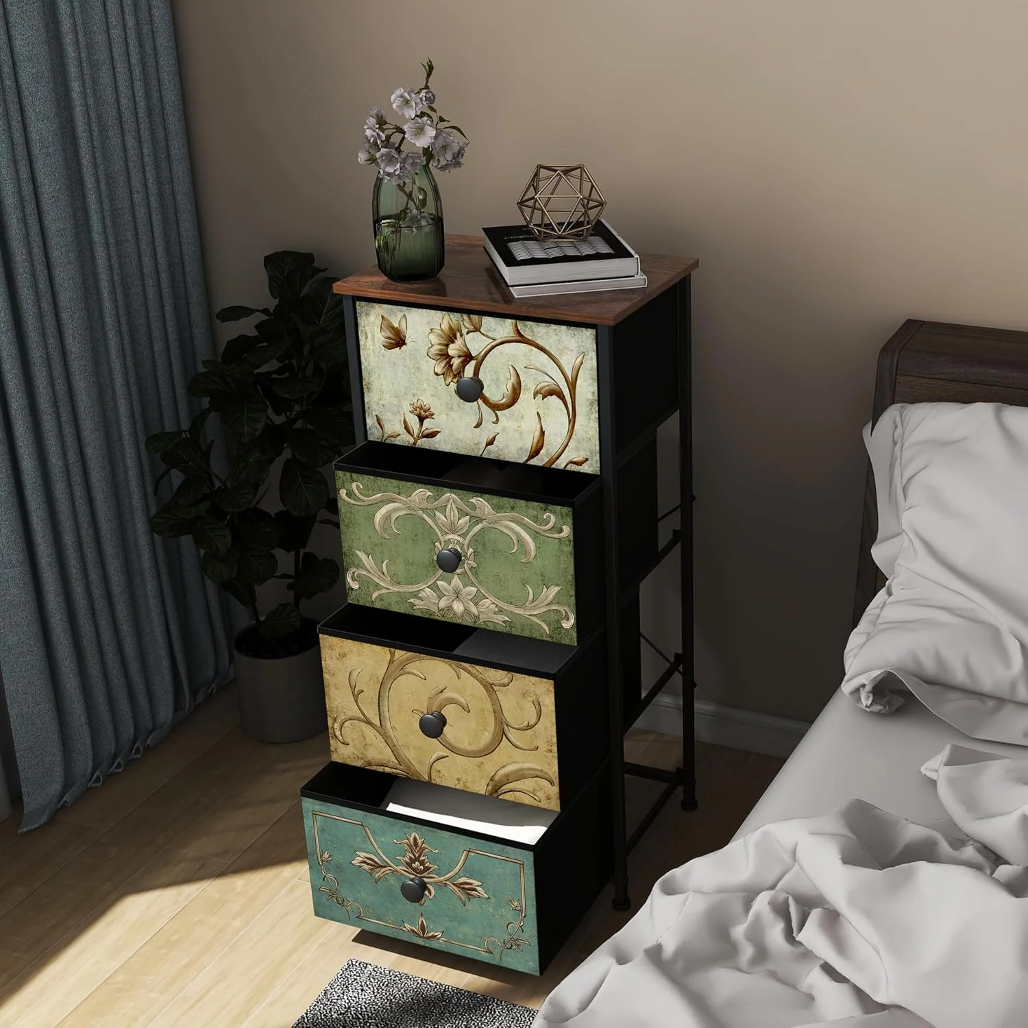 Dresser for Bedroom with Retro Flower Narrow Drawers Slim Chest of Drawers Skinny Nightstand Sofa End Table for Living Room Entryway Closet Storage