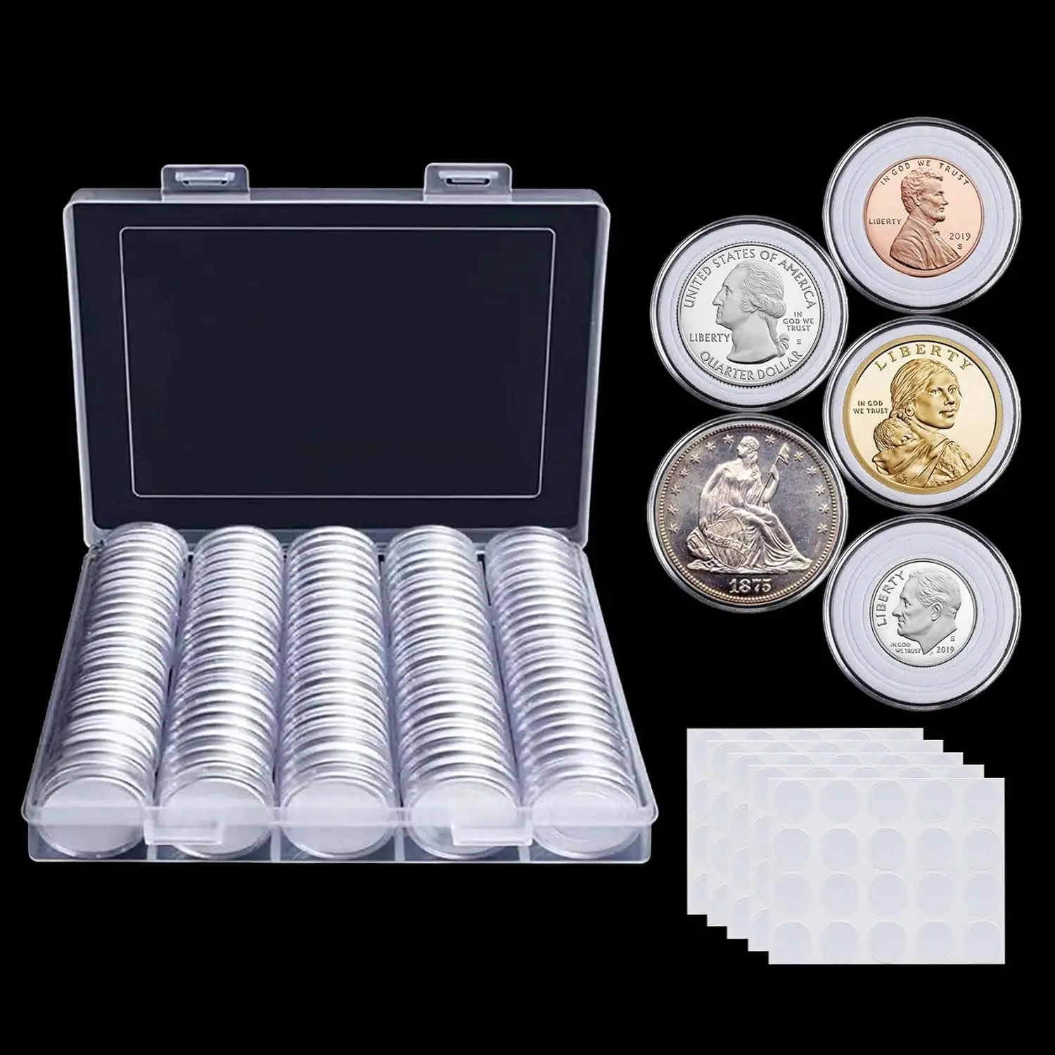 100PCS 30mm Clear Coin Capsules Holder with Storage Box, Round Plastic Coin Cases for Gold, Silver & Challenge Coins, Coin Collection Display Organizer with Foam Gaskets & Label Stickers