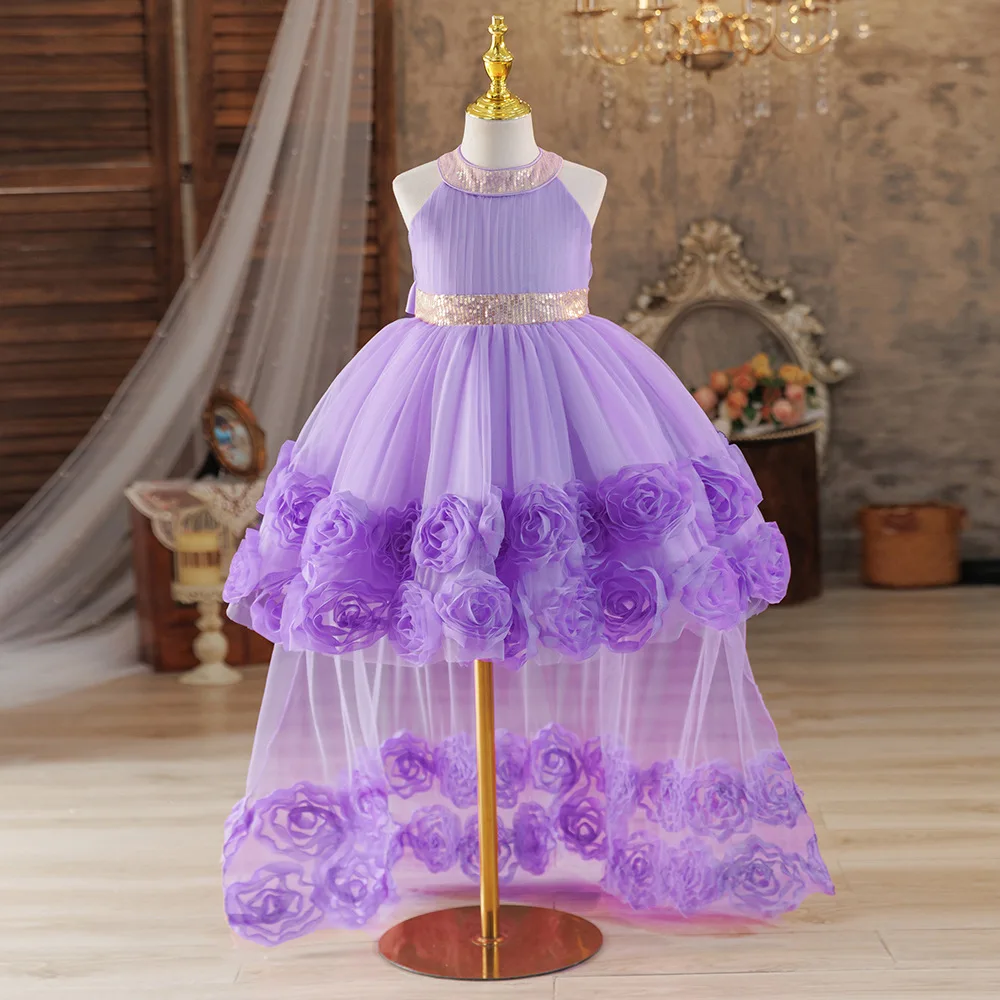 Girls' birthday dress 2026 New Girls' floral train princess dress wedding flower girl dress teen dress
