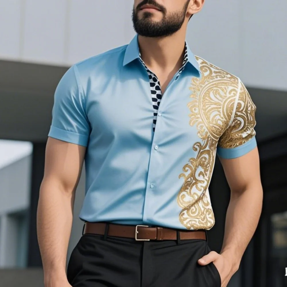 Chemise à imprimé graphique doré pour hommes, chemise boutonnée à revers à manches courtes blanche, noire et rouge, hauts décontractés élégants, grande taille