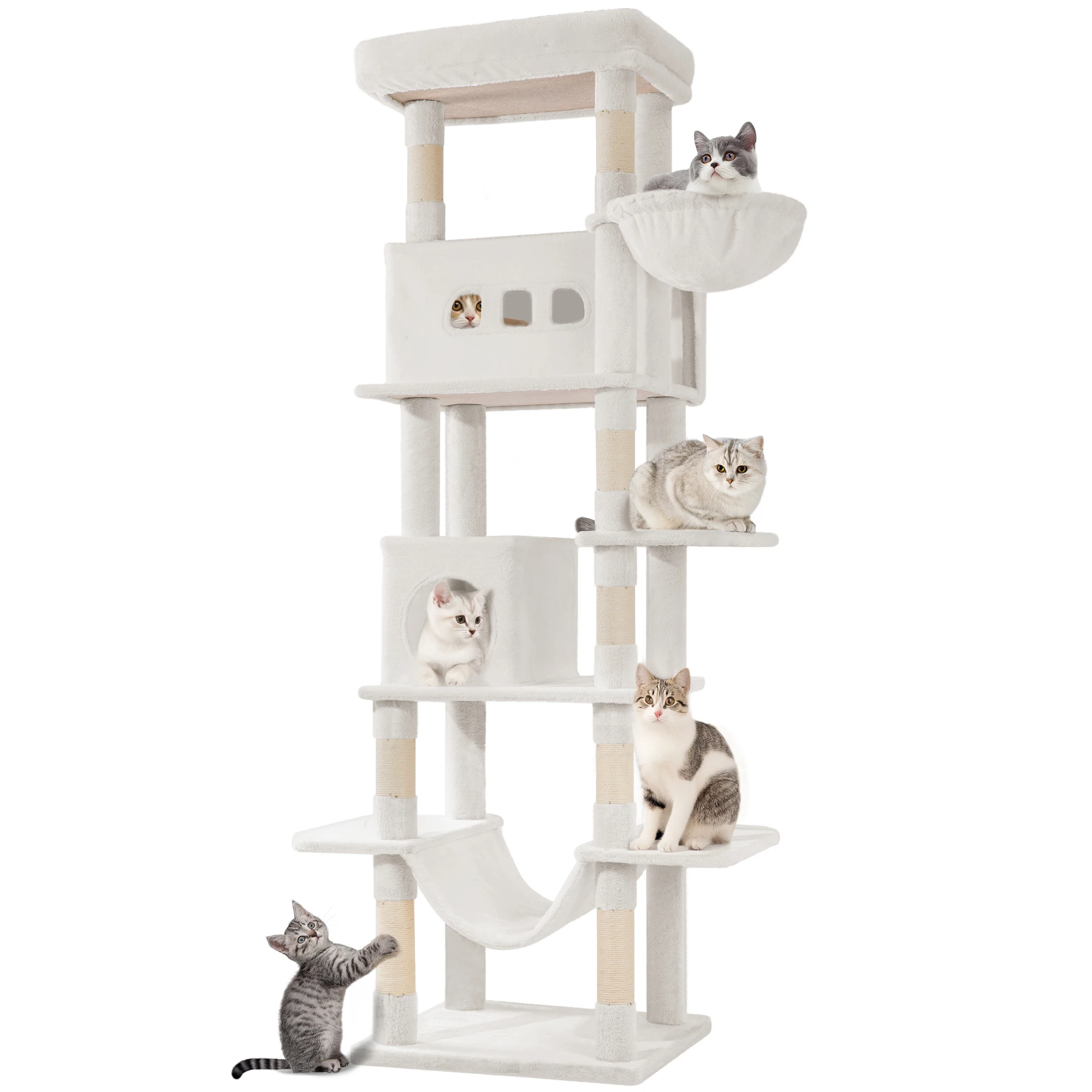 Kattenboom, 210 cm grote kattentoren voor binnenkatten, multi-level kattenhuis met condo, 8 krabpalen, 4 pompons