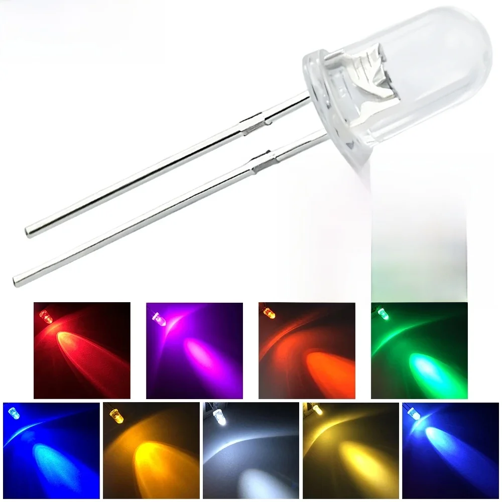 100X F5 5mm Okrągły Biały Czerwony Zielony Niebieski Żółty Różowy Woda Przezroczysta Dioda Led Super Jasne Diody Emitujące Światło 6000-6500k Żarówka Lampa — zdjęcie 2