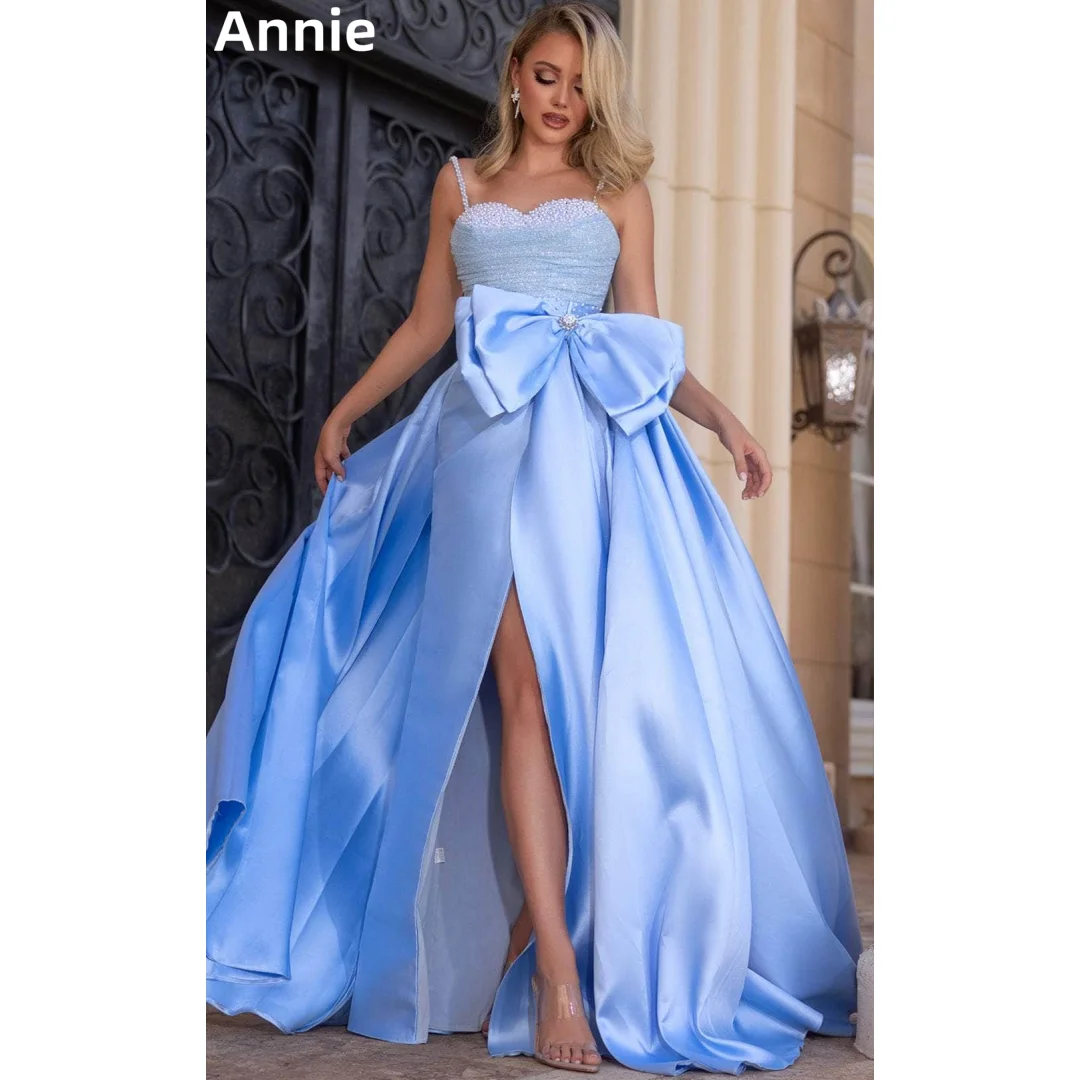 

Annie Beaded Sequins Prom Dresses Pink Handmade Bow Evening Dresses Satin Side Slits Elegant lady Party Dresses فساتين سهرة