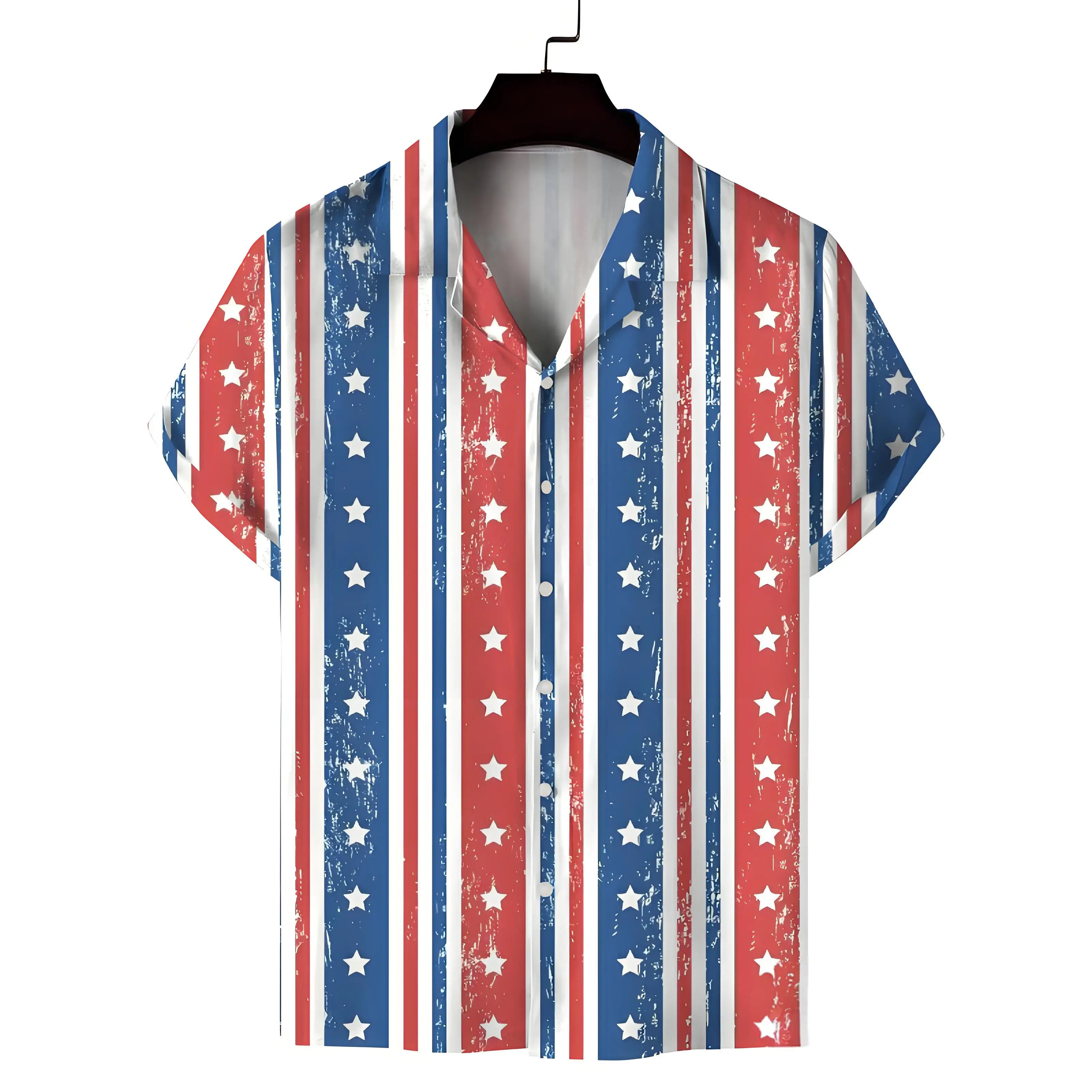 

Men's summer Cuban collar short-sleeved shirt with five-pointed star stripes personalized print, comfortable and versatile
