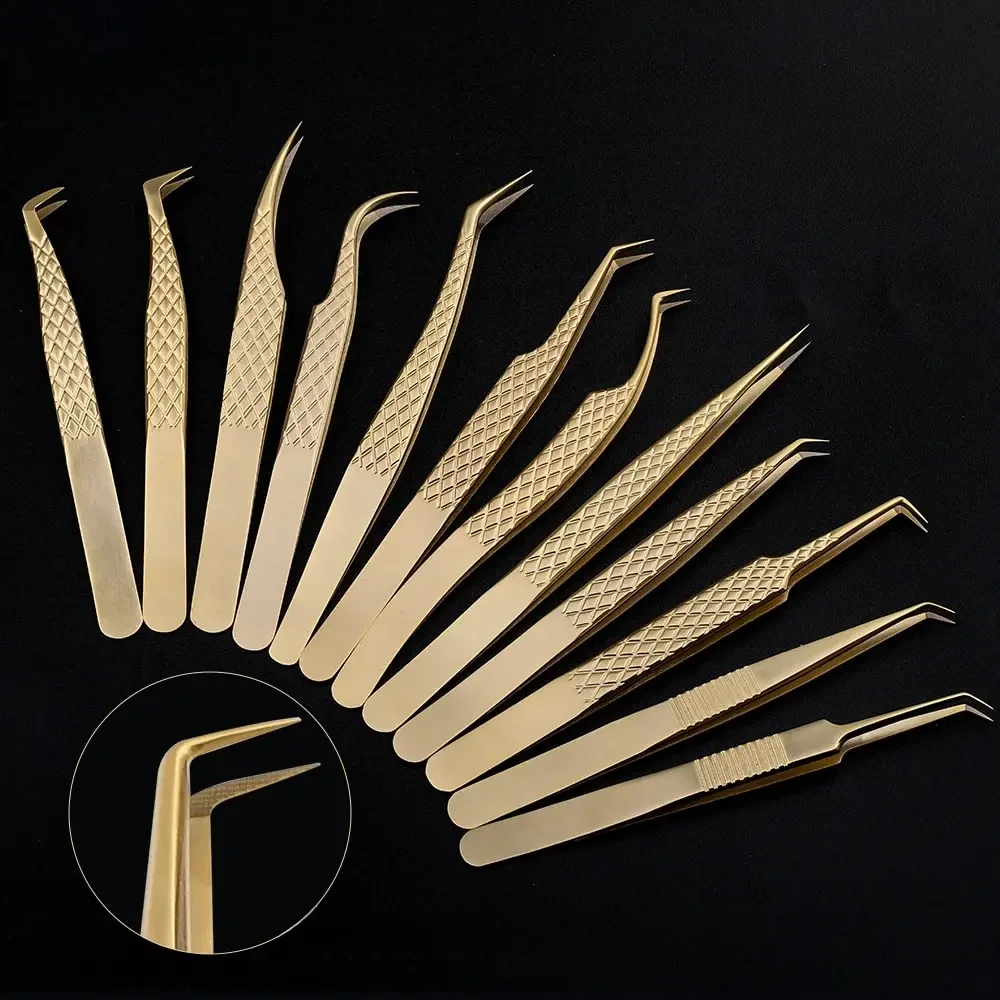 Gemerry 1 pçs pontas de fibra pinças extensão ouro aço inoxidável alta precisão pinça volume fãs