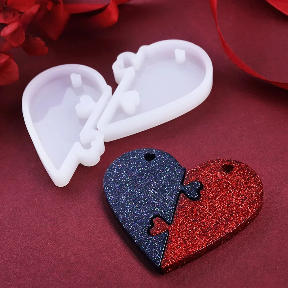 2 pièces/ensemble amour serrures coeur Puzzle résine époxy moules Couple collier charme saint valentin bricolage porte-clés pendentifs outils de fabrication de bijoux