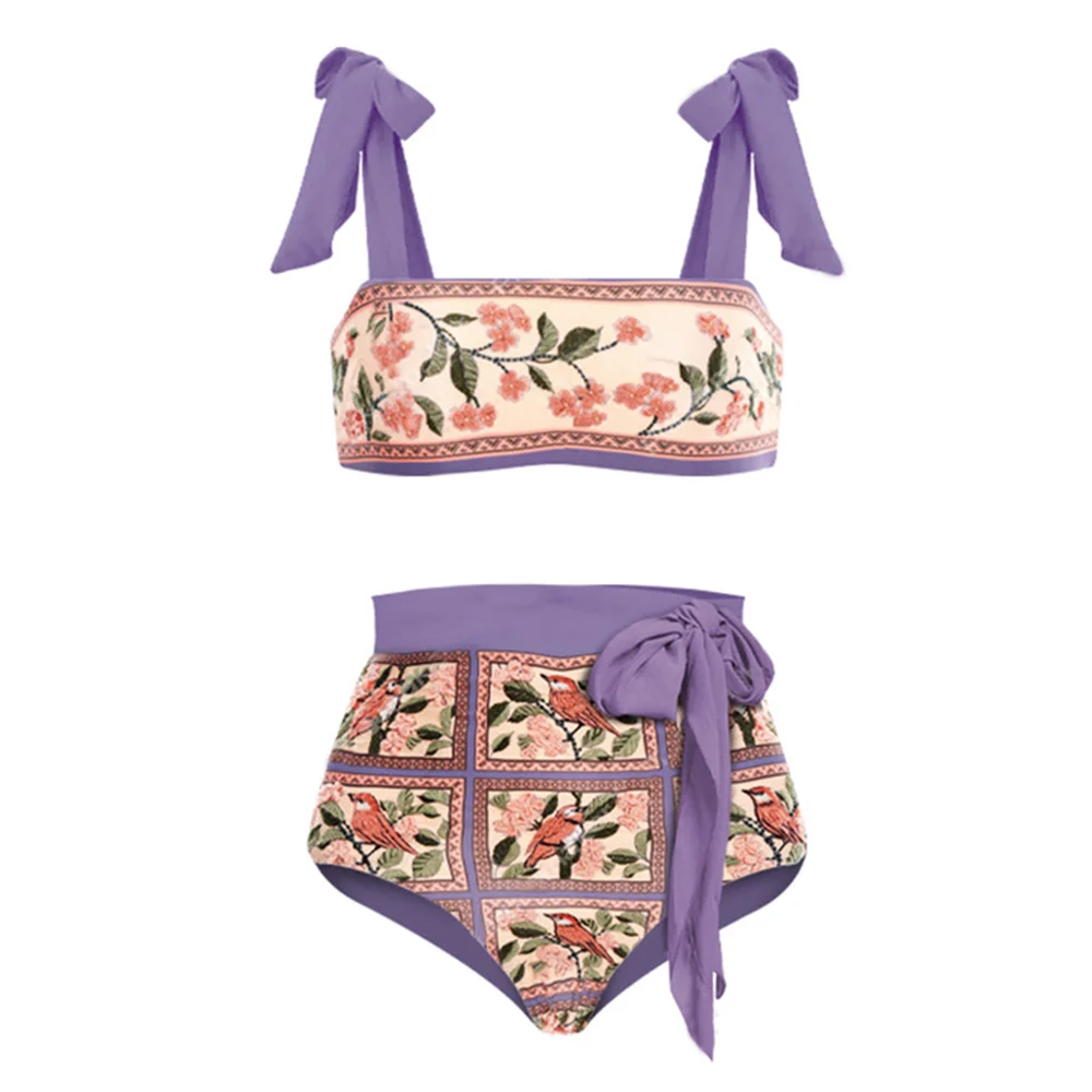 Vintage Fashion Flower Embroidered Print Bikini Split-joint Two Piece Set and Skirt Separate Bandeau High Waist Retro Swimwear