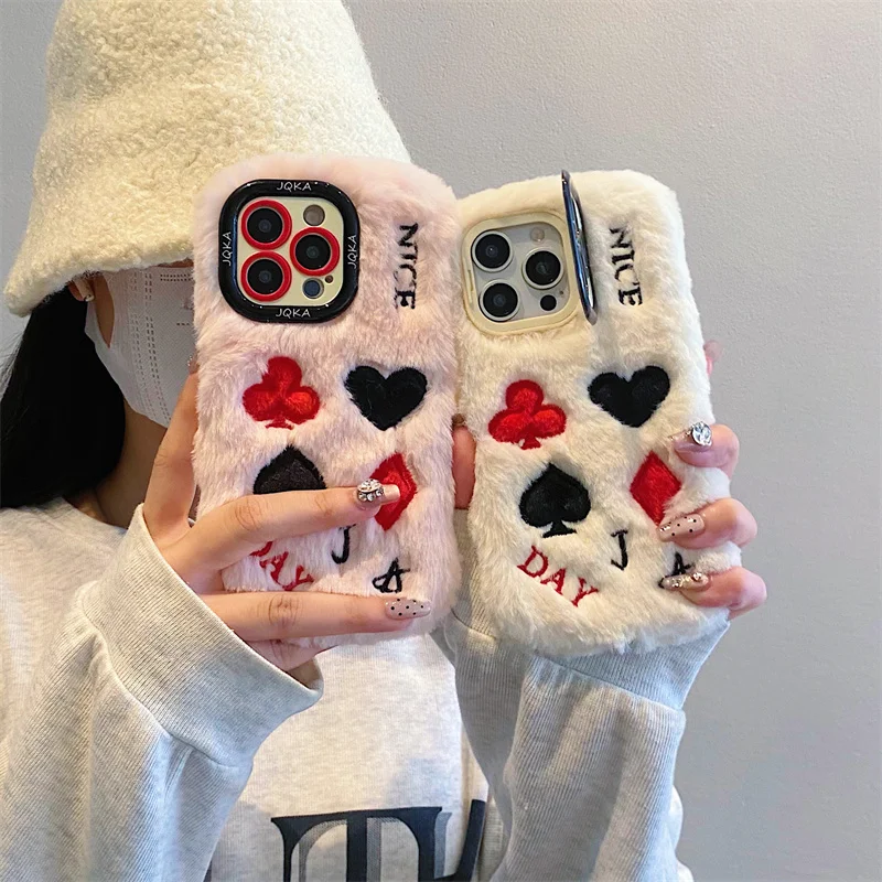 Plush Embroidered Poker Heart Phone Case Full Cover Stand Love Lens Ring Anti-Fall iPhone 15Pro Max 13Pro 14Pro Max 11 12Pro