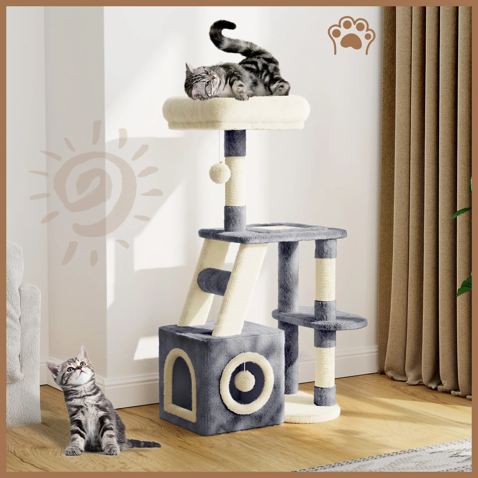 Tiragraffi per gatti Dogat, robusto albero per gatti con ampia grotta, piattaforma per l’osservazione, scala per arrampicarsi e tiragraffi in sisal, con palla da gioco sospesa, torre per gatti