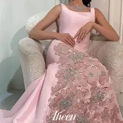 Pink Manual Flowers Luxurious Satin Paste Drill Saudi Evening Dresses customized Wedding Dress Women Elegant Party Ball Gowns