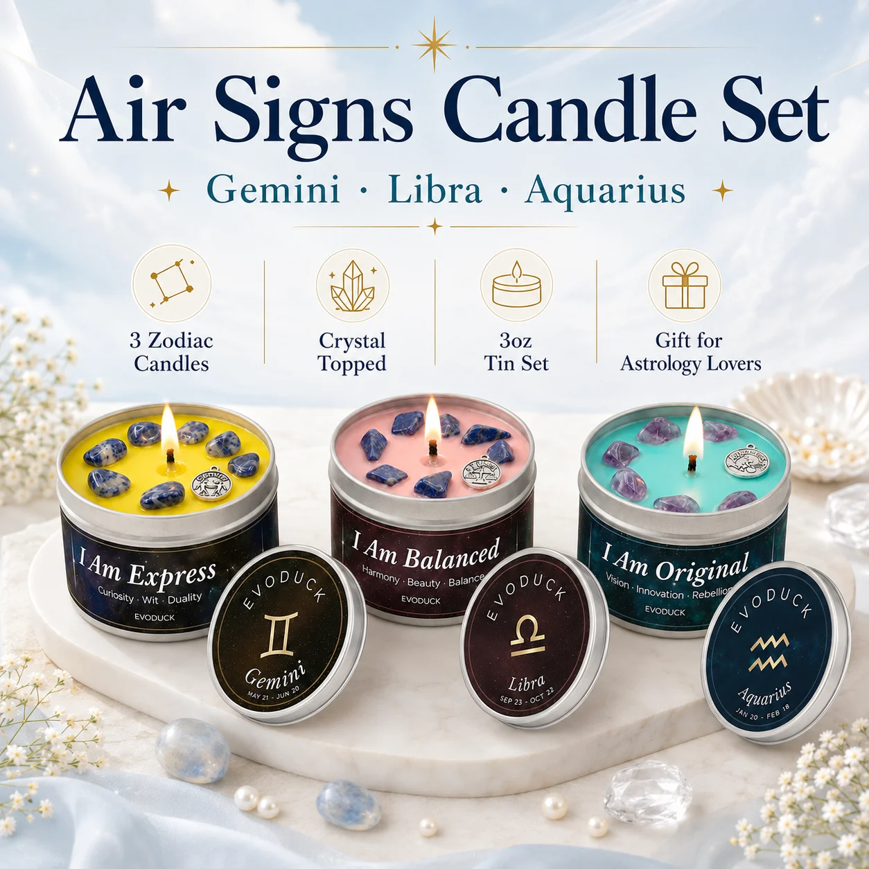 12 Zodiac Candles Set Astrology Scented Soy Candles with Healing Crystal Gemstones 3oz Tin Affirmation Meditation Gift for Women
