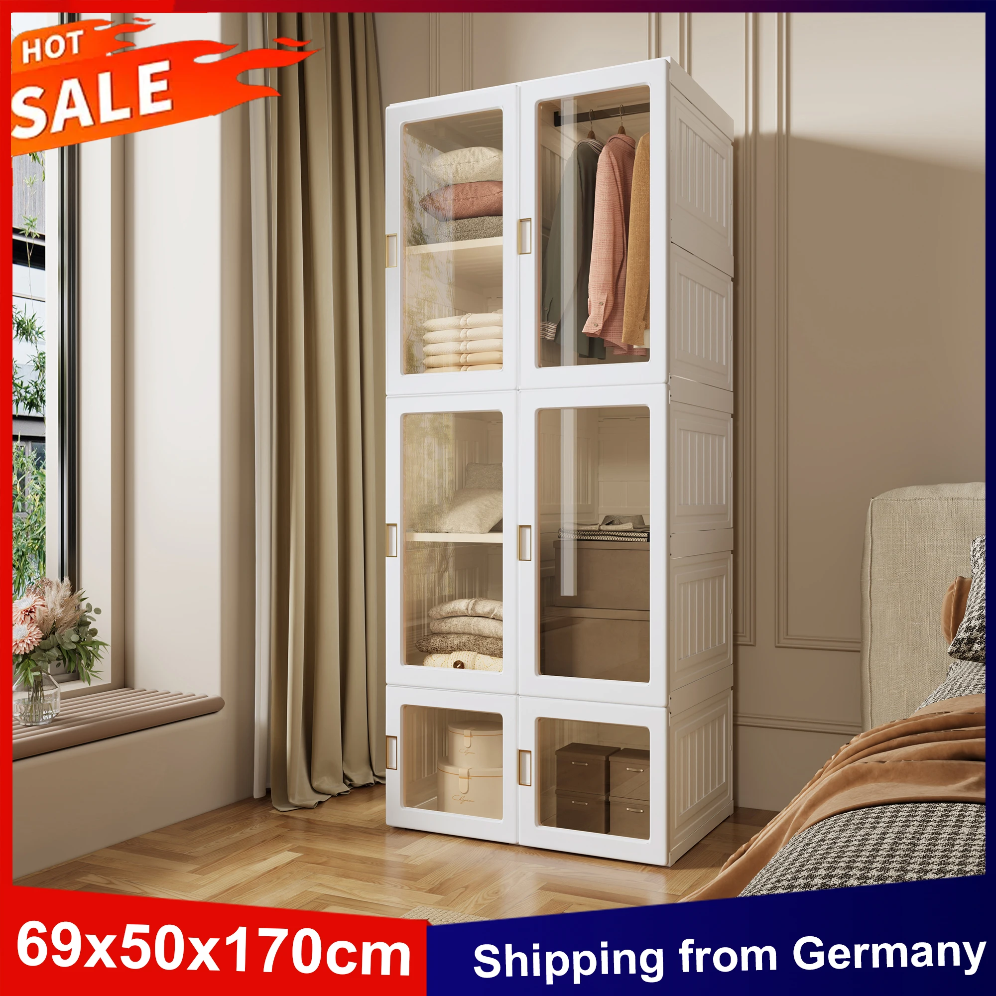 Anajqaqia 69 x 50 x 170 cm Kleiderschrank, faltbarer Mehrzweckschrank mit Stange, magnetische Türen, einfache Montage für Wohnzimmer, Schlafzimmer, Weiß