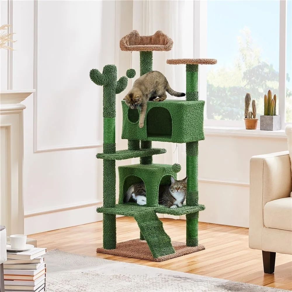 

Когтеточка-башня для кошек Cactus, 54,5 дюйма, с пандусом, лежанкой в форме ушей животного, когтеточками, платформой и подвесным мячом, многоуровневая
